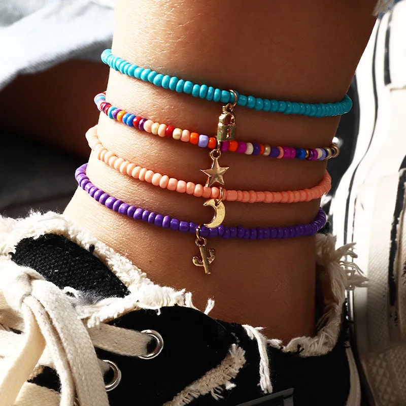 S2908 Boehmian Fashion Colorful Beaded Anklet Women Handmade Lovely Star Moon Lock Pendant Beads Anklets 4pcs/set
S2908 Boehmian Fashion Colorful Beaded Anklet Women Handmade Lovely Star Moon Lock Pendant Beads Anklets 4pcs/set