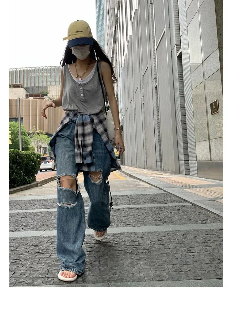 

Рваные мешковатые джинсы Kpop для женщин, уличная одежда в стиле Харадзюку, потертые ажурные Брюки из денима с завышенной талией, в винтажном Корейском стиле