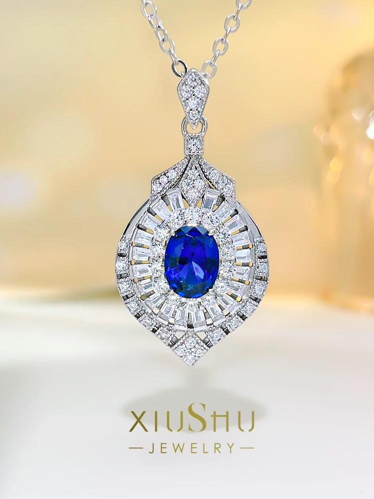 Fashionable retro artificial color treasure 925 silver pendant with high carbon diamond temperament, versatile for the niche 
Fashionable retro artificial color treasure 925 silver pendant with high carbon diamond temperament, versatile for the niche