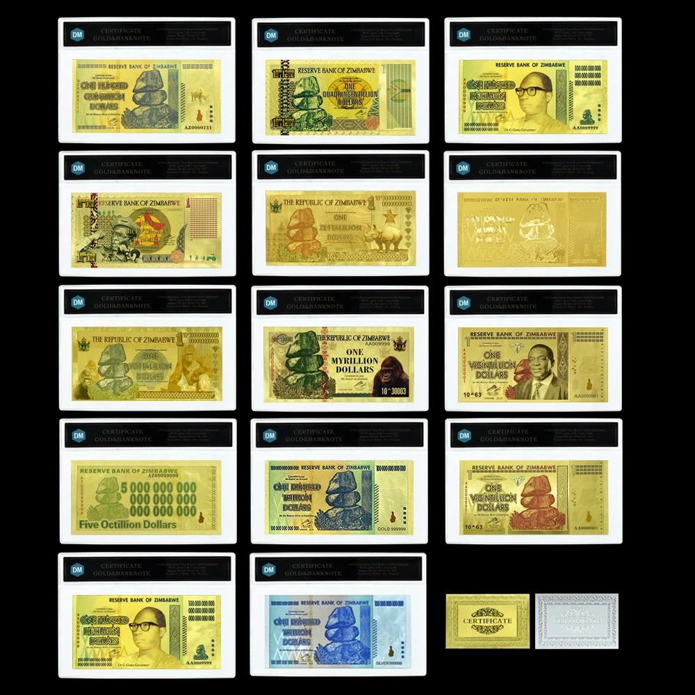Set of Zimbabwe gold plated Banknotes Copy Original Money with Plastic Card Holder Gold Bussiness Gift Craft for Collection
Set of Zimbabwe gold plated Banknotes Copy Original Money with Plastic Card Holder Gold Bussiness Gift Craft for Collection