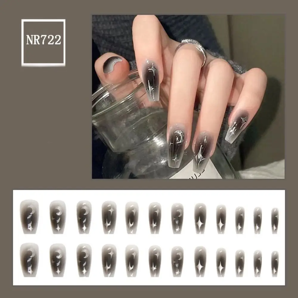 

Длинные накладные ногти балерины Новые французские темные Звезды Луна накладные ногти полное покрытие съемные ногти Типсы для женщин девочек