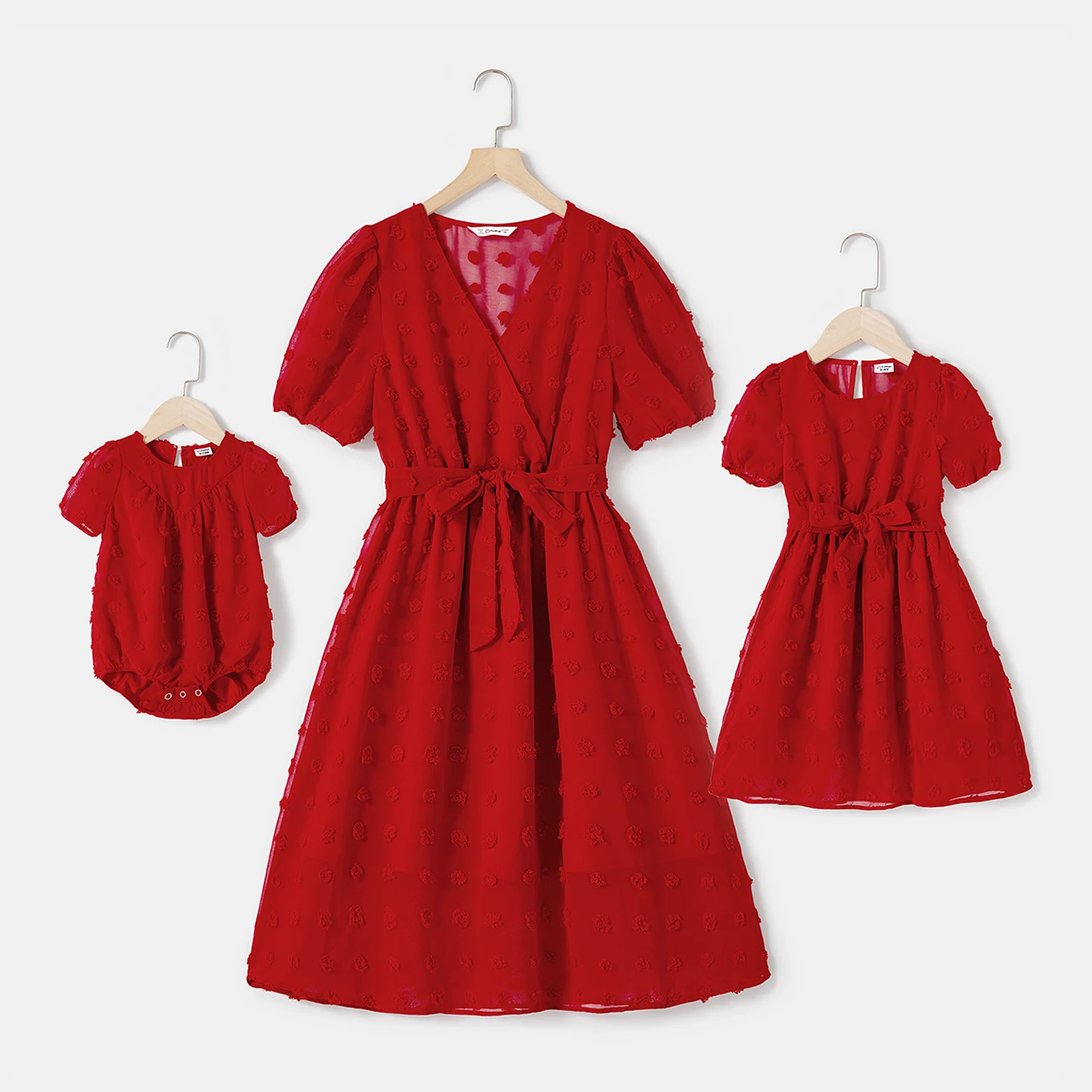 

PatPat Mommy and Me Red Swiss Dot Sheer Short-sleeve Surplice Neck Belted Dresses