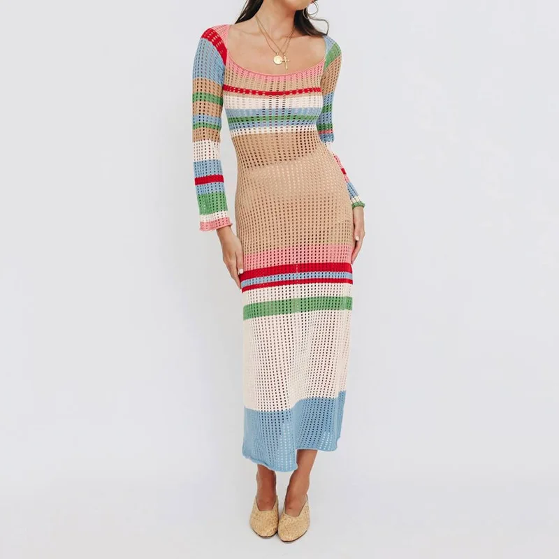 Women Long Dress Knitted Colourful Blocking Hollow Sexy Dresses Long Sleeve Square Neck Pullover Autumn Patchwork Maxi Dress
Women Long Dress Knitted Colourful Blocking Hollow Sexy Dresses Long Sleeve Square Neck Pullover Autumn Patchwork Maxi Dress