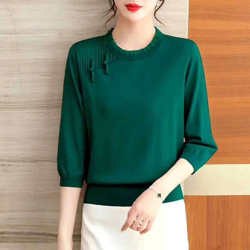 Summer Office Lady Buttons Solid Color O-neck 3/4 Sleeve Ice Silk Knitwear Ladies Fashion Ruffles Pullover T-Shirt Women Clothes
Summer Office Lady Buttons Solid Color O-neck 3/4 Sleeve Ice Silk Knitwear Ladies Fashion Ruffles Pullover T-Shirt Women Clothes