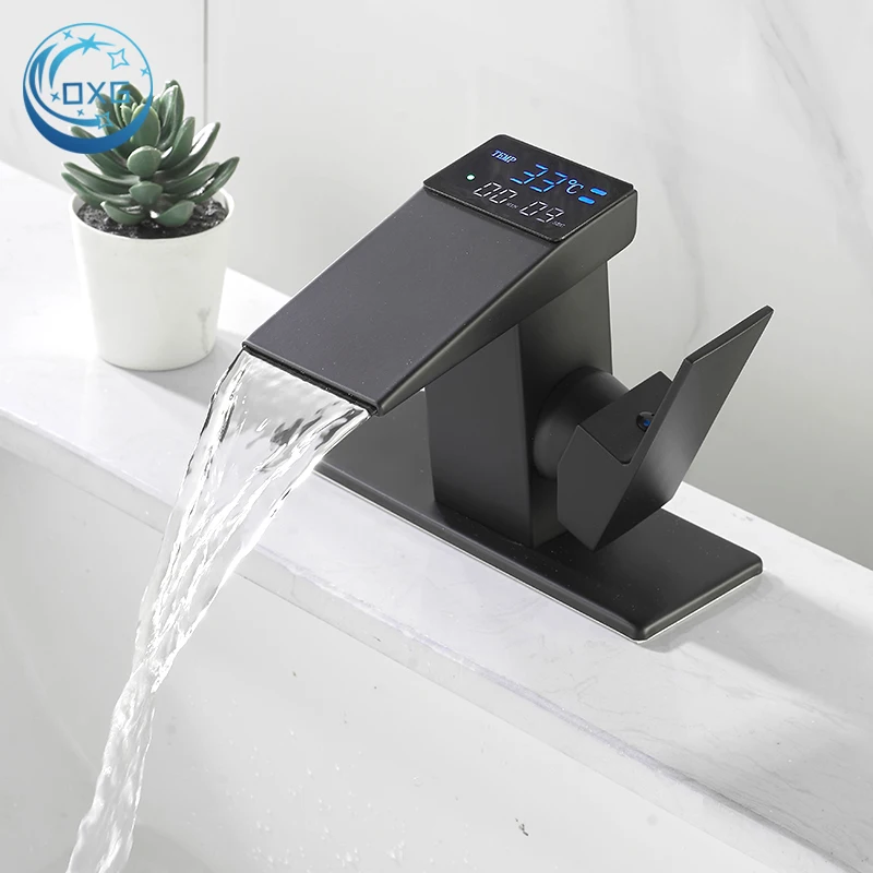 

Black Brass Basin Faucet ,Basin Taps,Bathroom Faucet,Basin Sink Facet,Digital Display Waterfall Washbasin Faucet Deck Mount