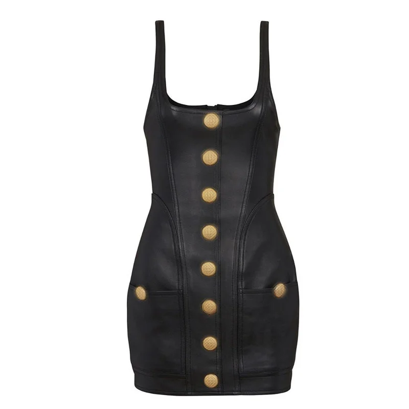 23 Summer Real Leather Gold Single Breasted Suspender Dress Women Fashion Sexy Bag Hip Dresses Back Metal Zipper Black Vestidos
23 Summer Real Leather Gold Single Breasted Suspender Dress Women Fashion Sexy Bag Hip Dresses Back Metal Zipper Black Vestidos
