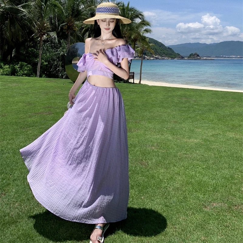 

Fairy Holiday Style Halter Backless Party Dress Women Lavender Lolita Vacation Summer Sundress Daring Grunge Long Clothes New