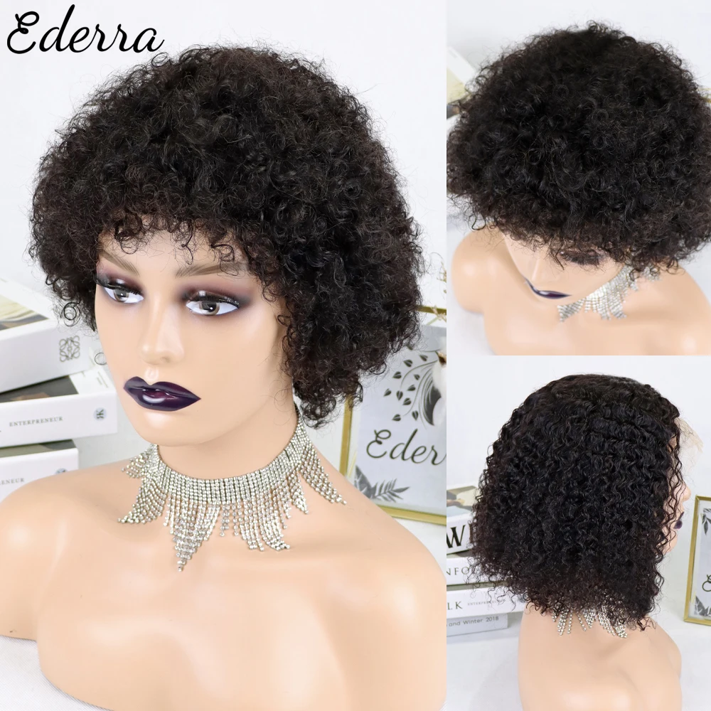 

Remy Short Afro Kinky Curly Wave Brazilian Human Hair Wigs Off Black Color Wig For Black Women With Bang Fringe Wigs Cheap