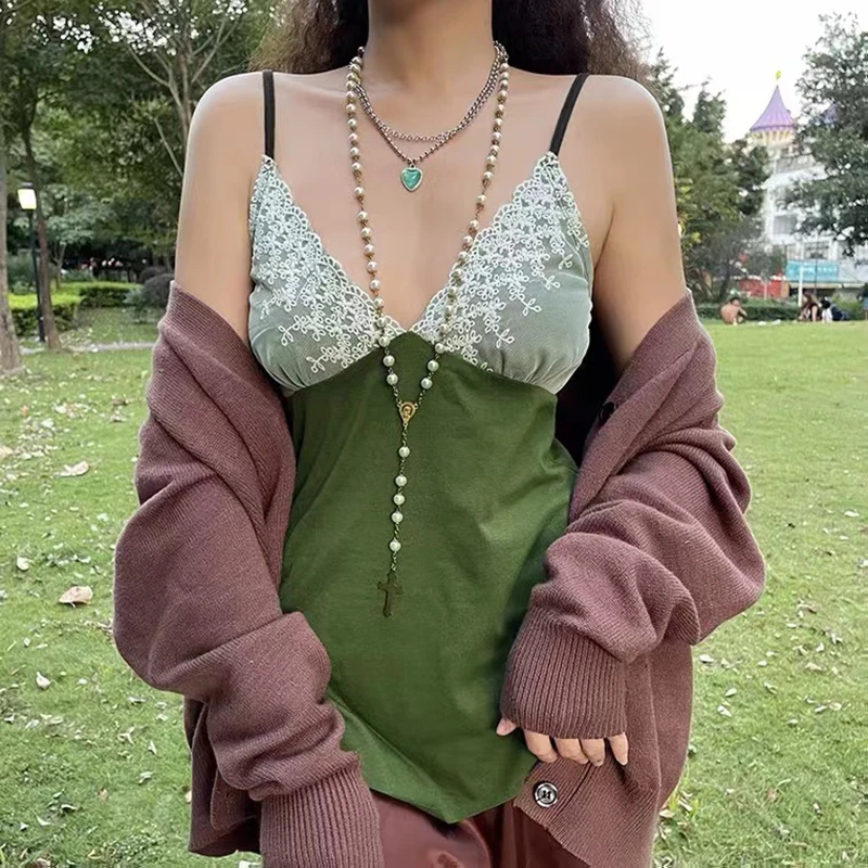 

Fashion Autumn Causal Y2K Women's Tank Lace Plunge Asymmetrical Hem Cami Tops Basic Female Clothing High Street Women Shirts