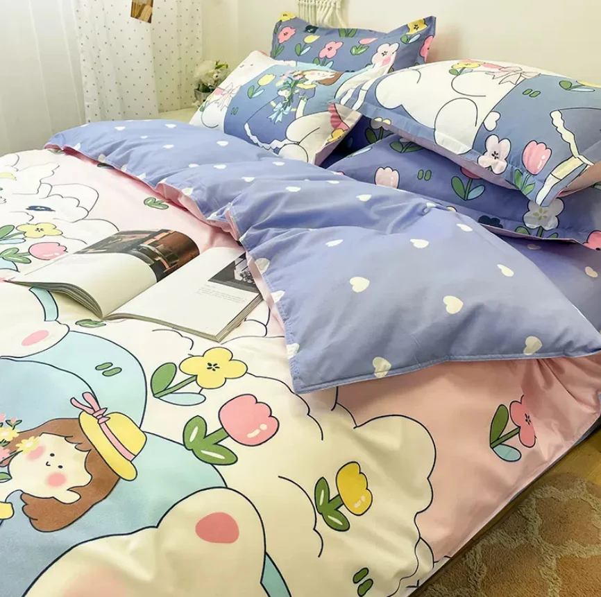 

Комплект постельного белья с мультяшным рисунком для мальчиков и девочек, пододеяльник + простыня + 2 шт., наволочка с цветами, односпальное, двуспальное постельное белье, текстиль B91B