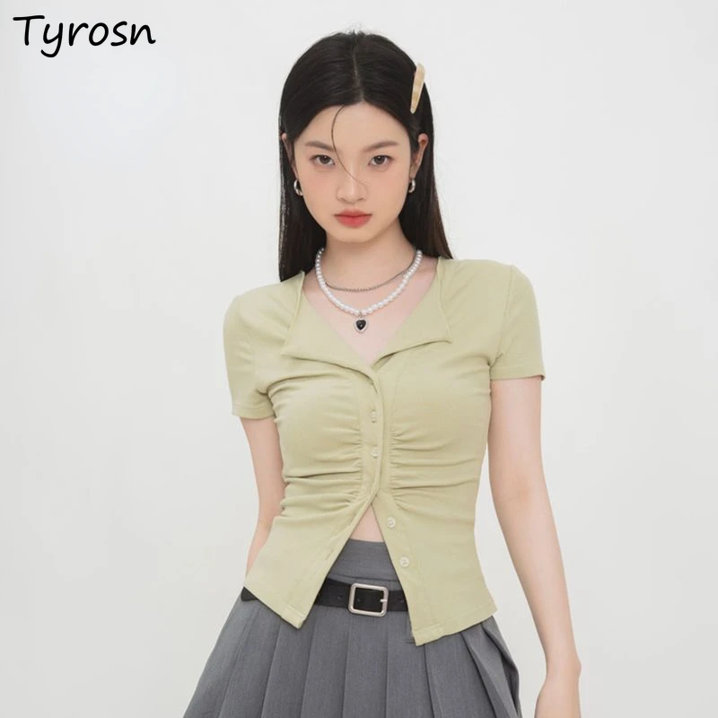 T-shirts Women Design Slim Elegant Fashion Simple All-match Ladies Leisure Summer V-neck Hotsweet Tops Folds Korean Style Cozy 
T-shirts Women Design Slim Elegant Fashion Simple All-match Ladies Leisure Summer V-neck Hotsweet Tops Folds Korean Style Cozy