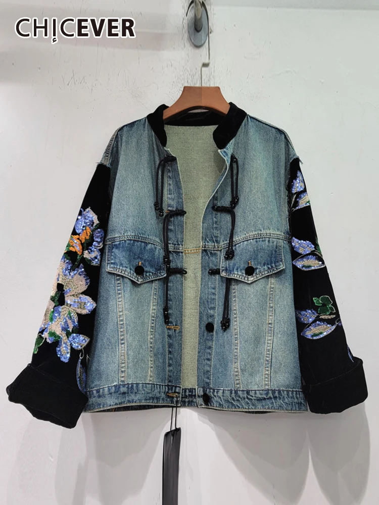 CHICEVER Casual Vintage Jackets For Women Stand Collar Long Sleeve Patchwork Sequins Autumn Fashion Colorblock Denim Coat Female
CHICEVER Casual Vintage Jackets For Women Stand Collar Long Sleeve Patchwork Sequins Autumn Fashion Colorblock Denim Coat Female