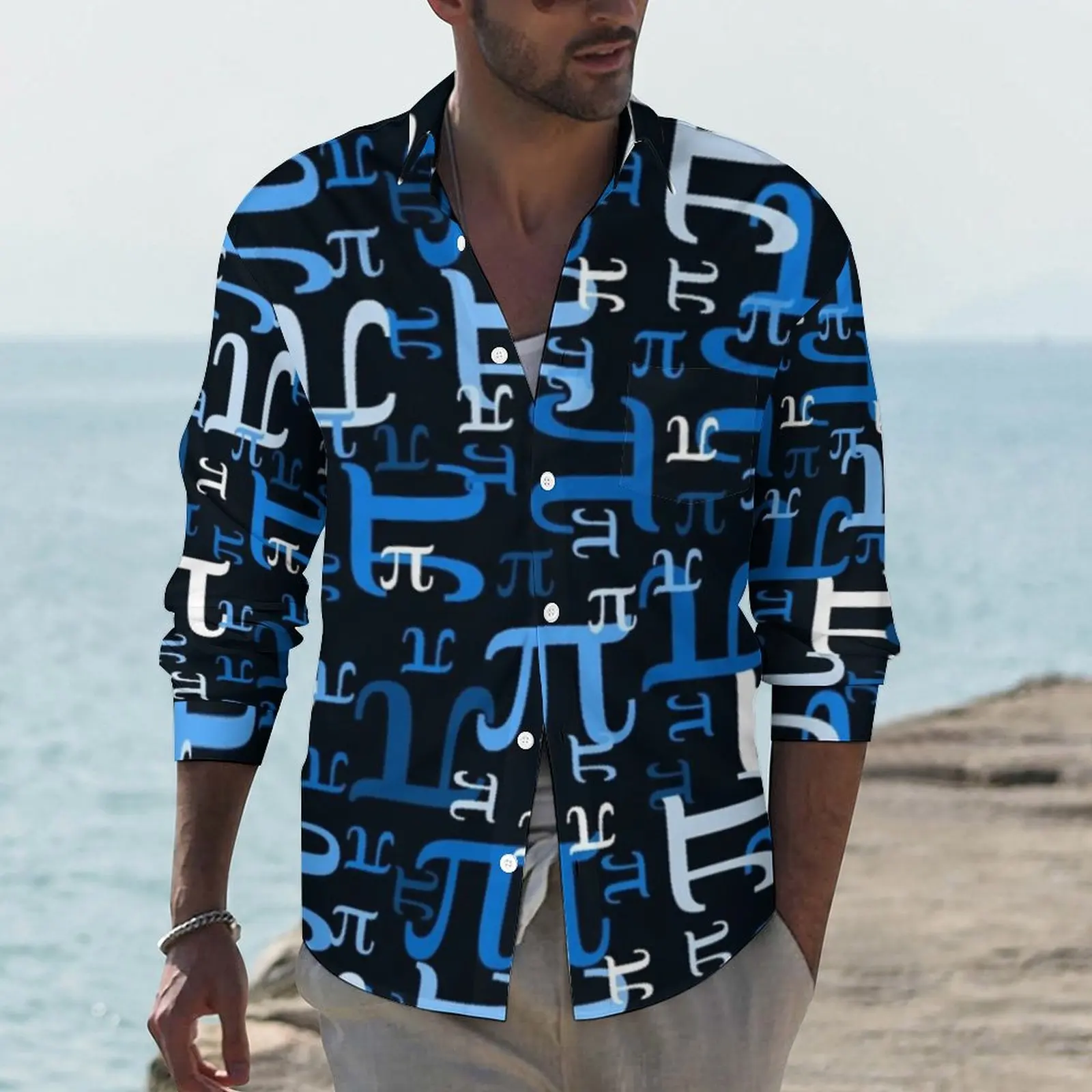 

Funny Math Shirt Man Blue Pieces of Pi Casual Shirts Autumn Stylish Custom Blouses Long Sleeve Retro Oversized Tops Gift