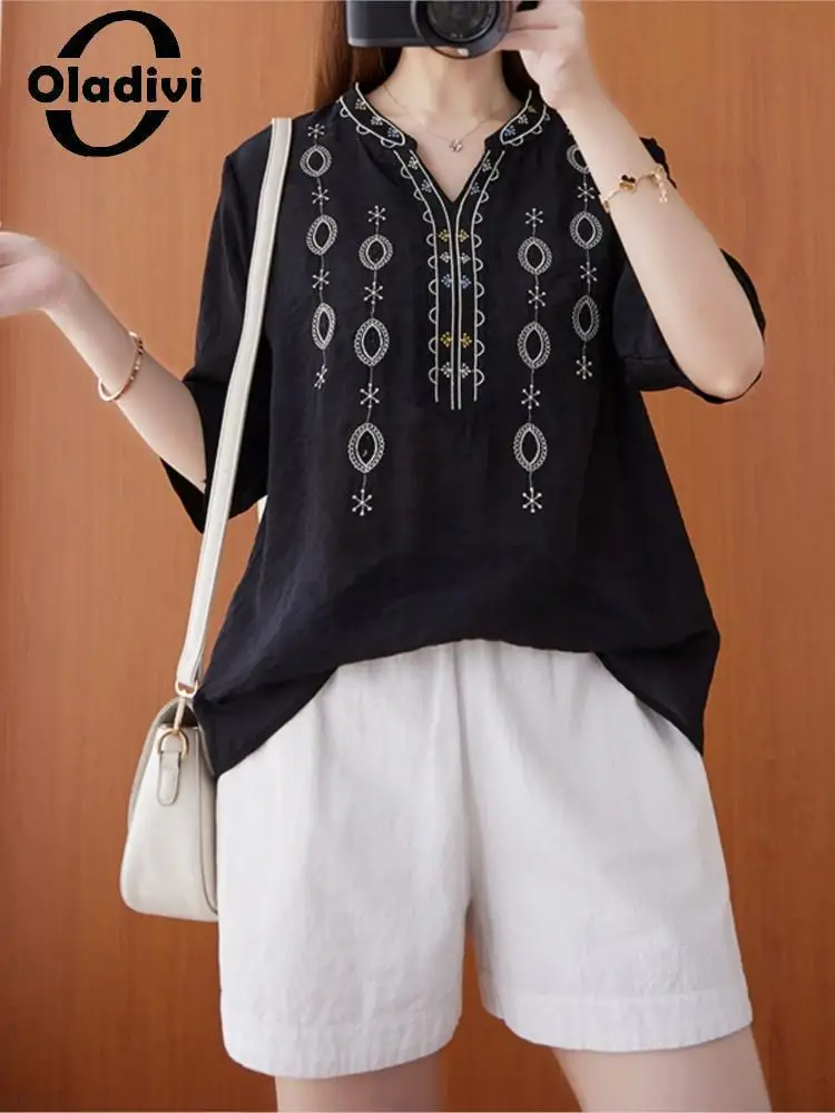 Повседневные свободные блузки Oladivi с вышивкой, женские черные топы с коротким рукавом и V-образным вырезом, винтажная женская летняя рубашка...
Повседневные свободные блузки Oladivi с вышивкой, женские черные топы с коротким рукавом и V-образным вырезом, винтажная женская летняя рубашка...