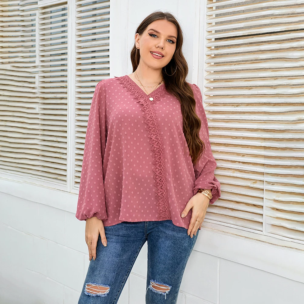 Plus Size Dot Lace Insert Lantern Sleeve Top Women V Neck Long Sleeve Pure Color Woven Temperament Blouses XL-4XL
Plus Size Dot Lace Insert Lantern Sleeve Top Women V Neck Long Sleeve Pure Color Woven Temperament Blouses XL-4XL