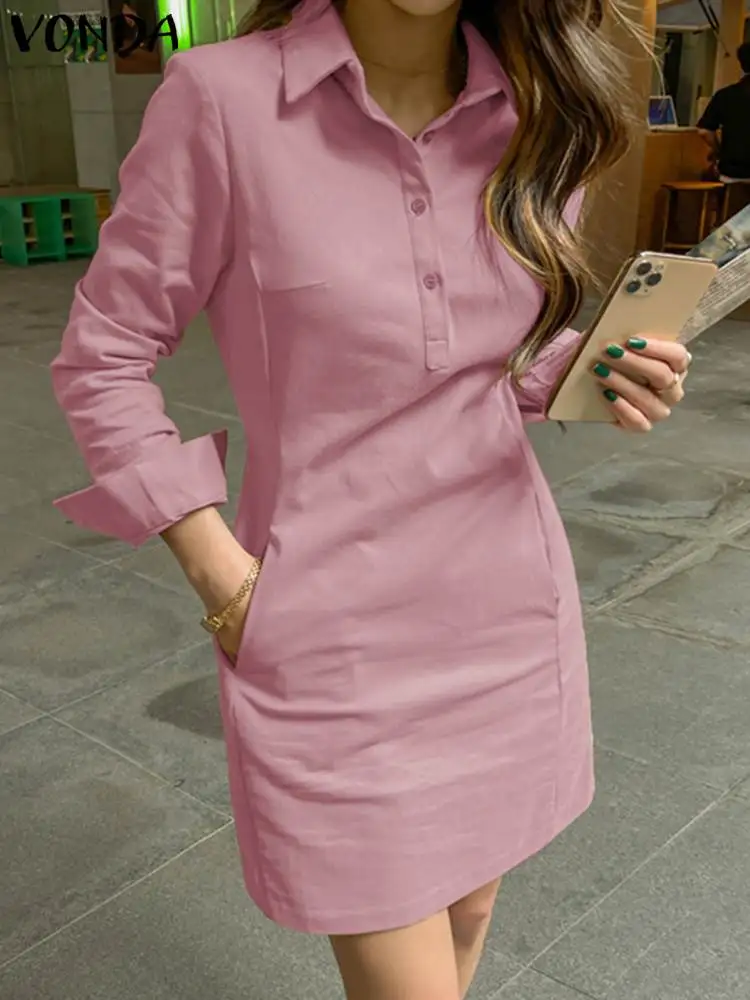 2023 VONDA Women Summer Elegant Mini Dress Long Sleeve Solid Color Shirt Sundress Casual Loose Buttons Pockets Short Vestidos
2023 VONDA Women Summer Elegant Mini Dress Long Sleeve Solid Color Shirt Sundress Casual Loose Buttons Pockets Short Vestidos