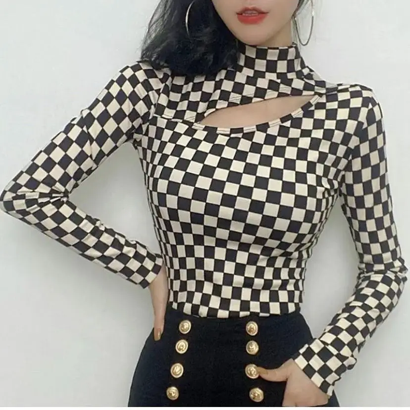 2022 New Fashion Checkerboard Plaid T-Shirt Women Hollow Out Long Sleeve Half Turtleneck Slim Bottoming Shirt Top Female Clothes
2022 New Fashion Checkerboard Plaid T-Shirt Women Hollow Out Long Sleeve Half Turtleneck Slim Bottoming Shirt Top Female Clothes