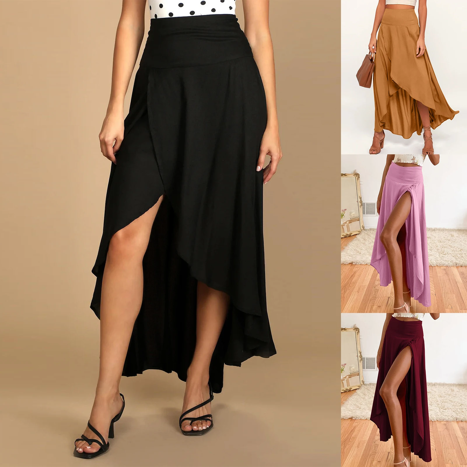 

Women Skirt Asymmetrical Summer Lightweight Skirts Slit Wrap Elastic Flowy Skirts Ruffle Hem Solid Color for Women Summer Party