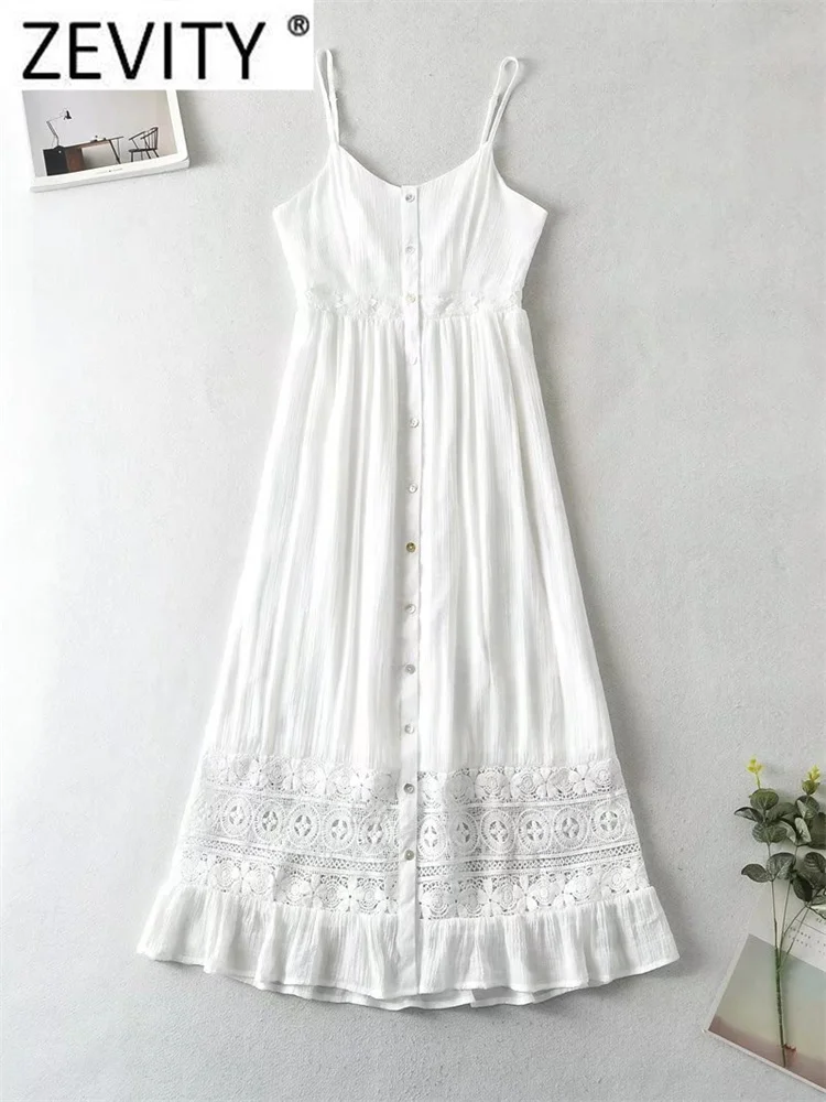 Zevity Women Fashion Lace Crochet Patchwork White Sling Midi Dress Female Chic Single Breasted Hem Ruffles Slim Vestidos DS1039
Zevity Women Fashion Lace Crochet Patchwork White Sling Midi Dress Female Chic Single Breasted Hem Ruffles Slim Vestidos DS1039