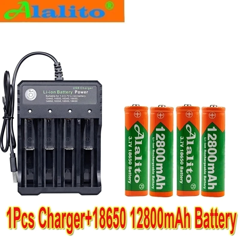 Alalito 3.7V 18650 12800mAh Rechargeable Battery 2/4/8pcs + 4 Slots USB charger |