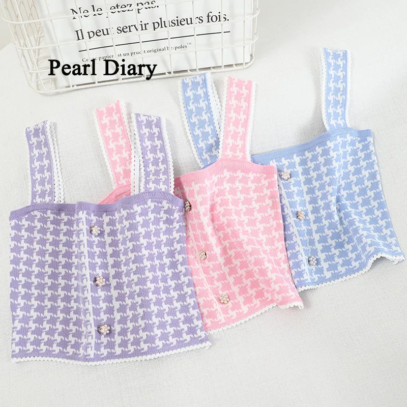 

Pearl Diary Women Plaid Knit Tops Buttons Front Tops Summer Sleeveless England Style Vintage Crop Tops Office Lady Check Tops