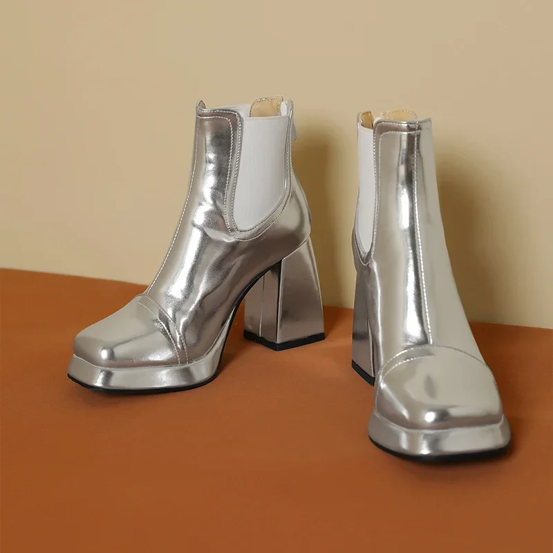New Women's Silver Platform Booties 2024 Stylish Shiny Leather Women's Square Head Elastic Chunky Heel Winter Gold Chelsea Boots
New Women's Silver Platform Booties 2024 Stylish Shiny Leather Women's Square Head Elastic Chunky Heel Winter Gold Chelsea Boots