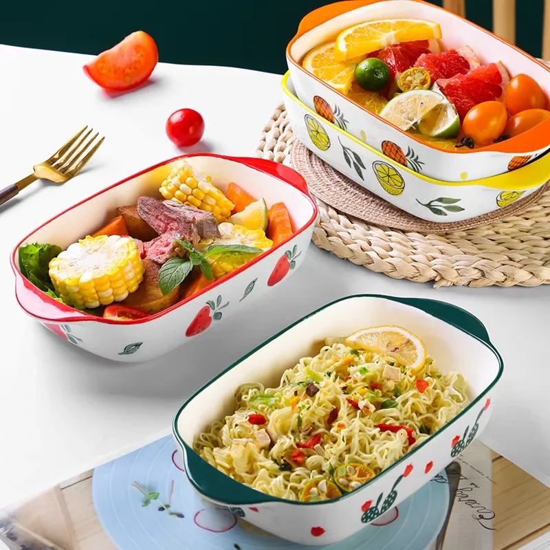 

4 Colors ceramic Binaural Cheese Baked Plate Pan Fruit salad sushi plate mixing rice bowls Household Tableware serving tray