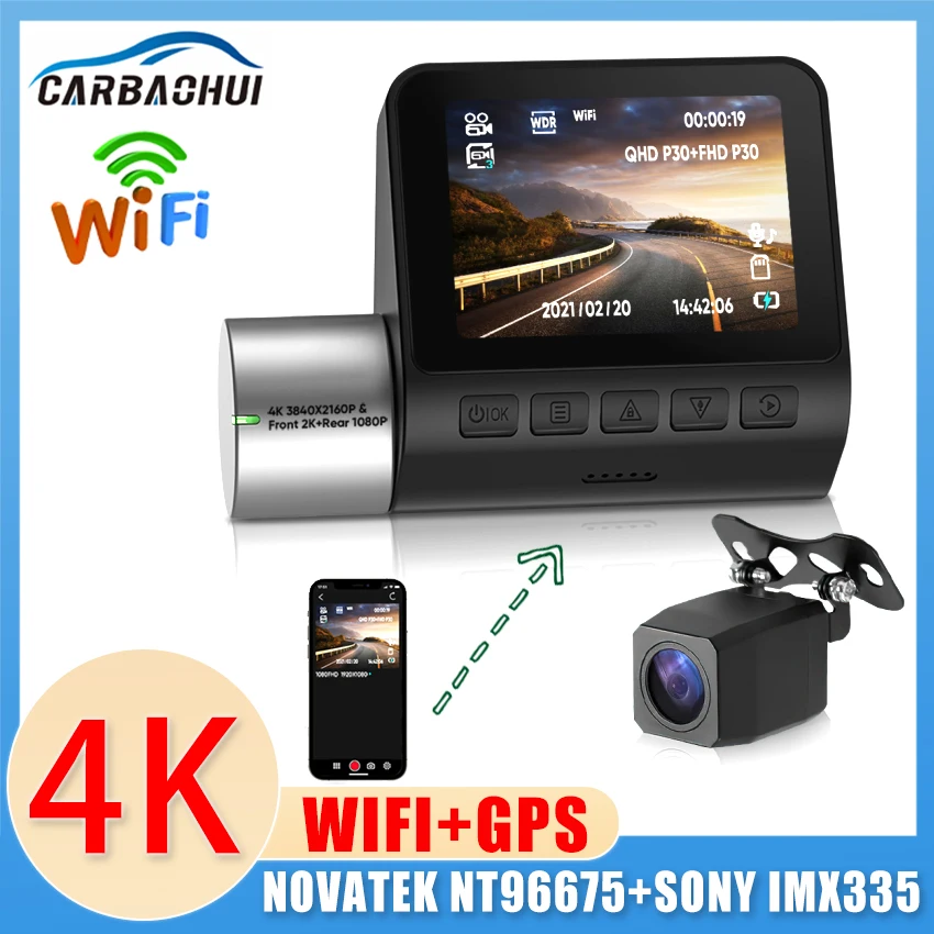 

2K 4K Dual Dash Camera 2.0 Inch LCD WiFi Car DVR 24Hours Parking Support GPS Track 1080P Rear Cam 170° FOV Auto Recorder