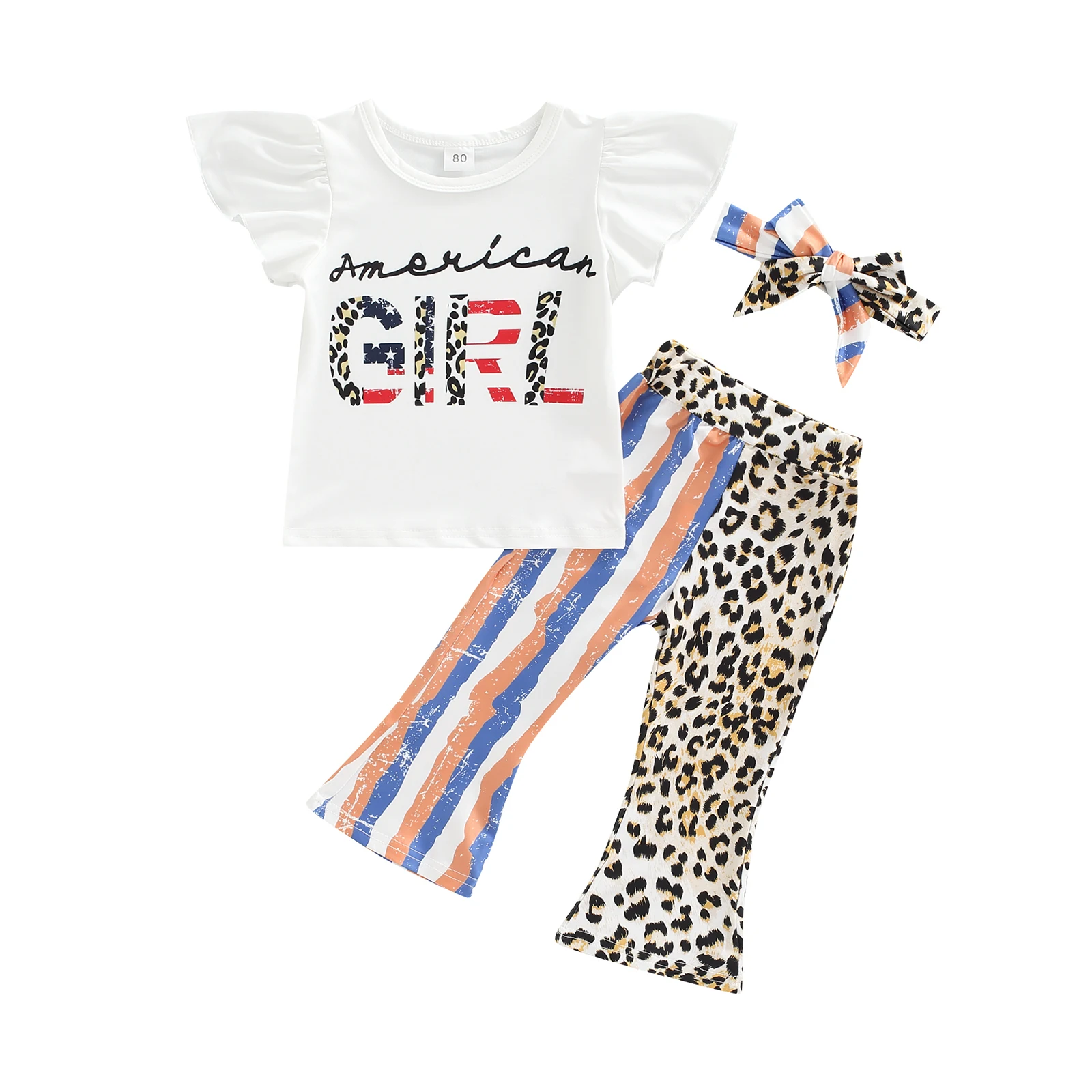Little Girls Three-Piece Outfits, Flying Sleeve Letter T-Shirt + Striped Leopard Bell-Bottom Trousers + Bow Headband
Little Girls Three-Piece Outfits, Flying Sleeve Letter T-Shirt + Striped Leopard Bell-Bottom Trousers + Bow Headband
