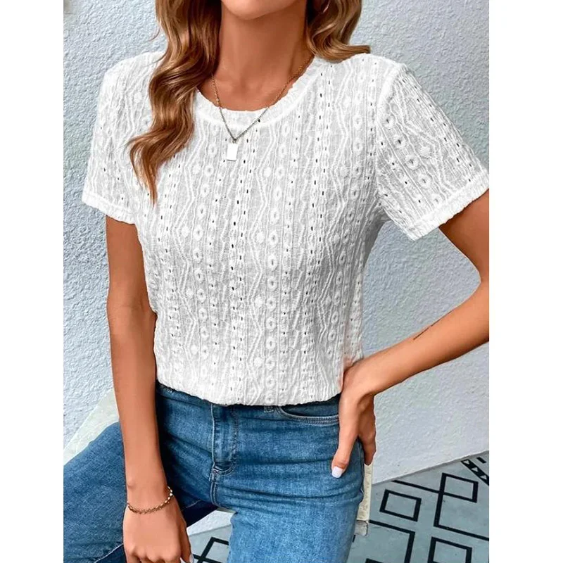 Women Summer shirt Pullover Blouse Hollow Shirt Round Neck Short-sleeved Solid Color Elegant Casual Summer Fashion 
Women Summer shirt Pullover Blouse Hollow Shirt Round Neck Short-sleeved Solid Color Elegant Casual Summer Fashion