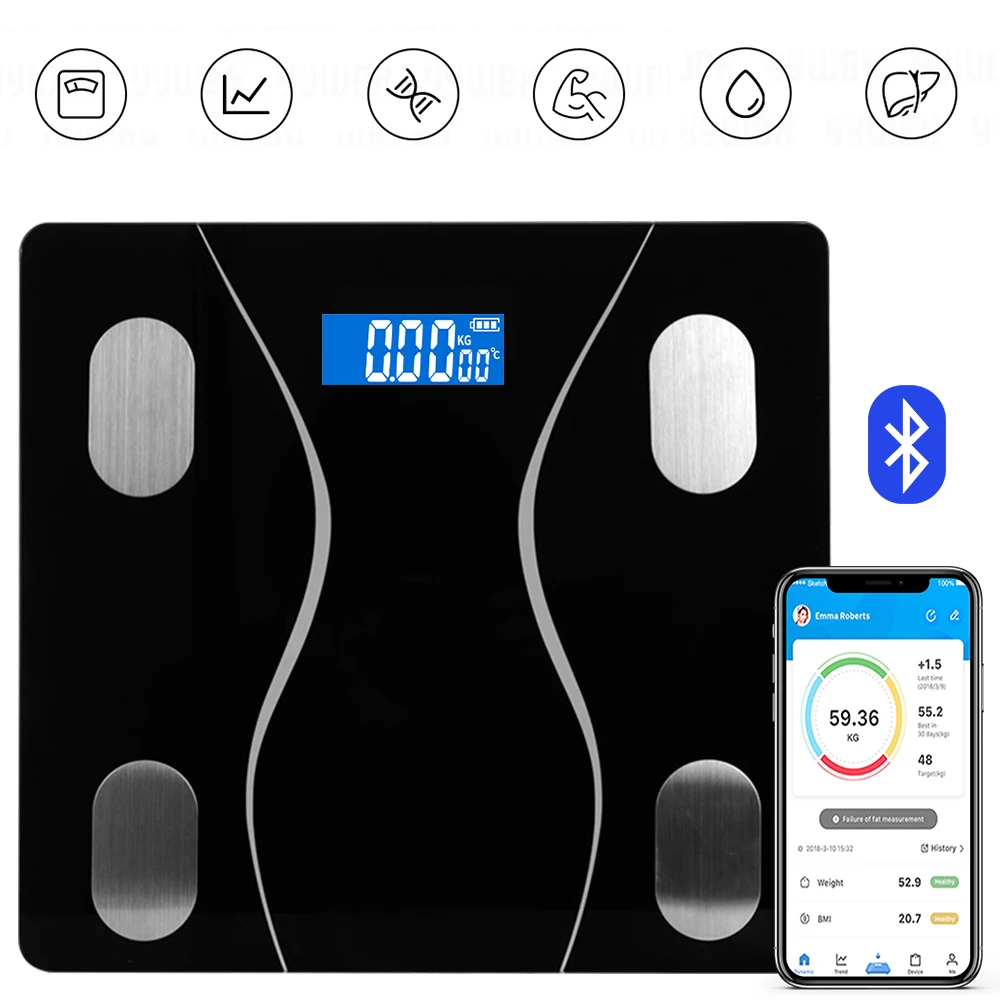 

Digital Bathroom scales BMI Body Composition Analyzer Body Fat Scale LCD Display Bluetooth App Electronic Balance weighing Scale