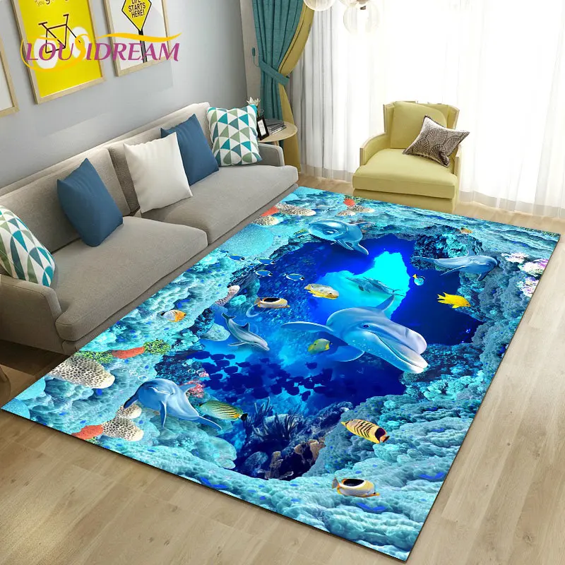 

3D Seabed illusion Underwater World Dolphin Shark Area Rug ,Carpet Rug for Living Room Bedroom Sofa Doormat Non-slip Floor Mat
