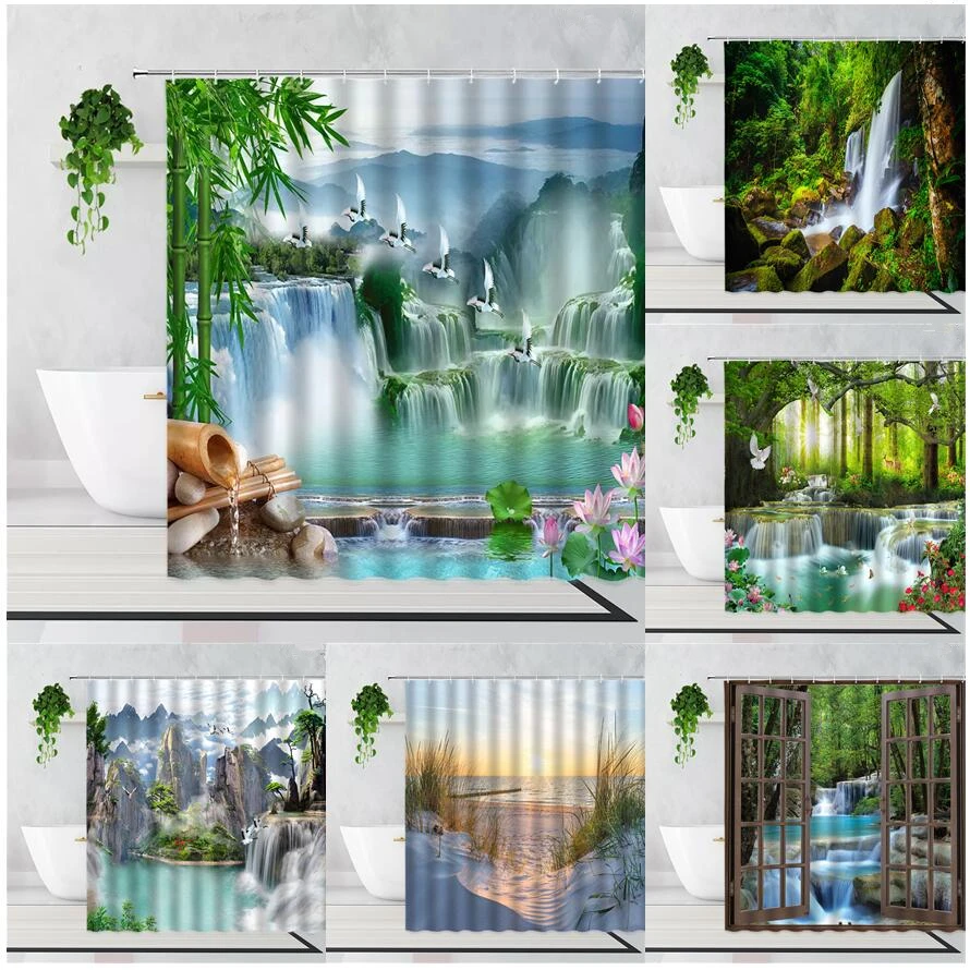 

Summer Forest Jungle Waterfall Rocks Nature Scenery Shower Curtain Green Landscape Bathroom Zen Bamboo Forest Shower Curtain