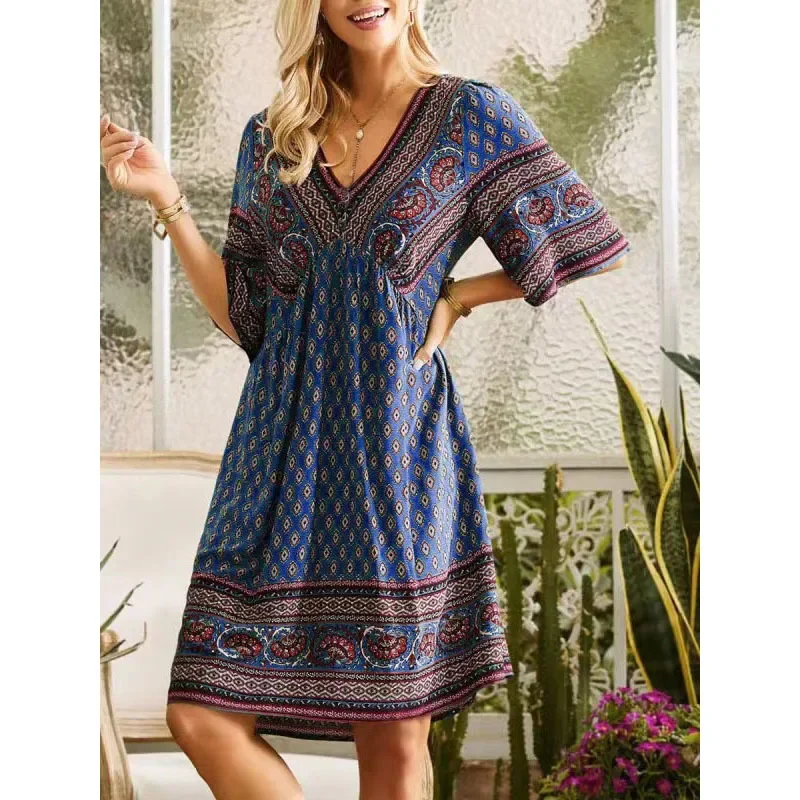 Women Vintage Boho Ethnic Style Print Loose Holiday Beach Midi Dress Summer V Neck Short Sleeve High Waist Elegant Party Dresses
Women Vintage Boho Ethnic Style Print Loose Holiday Beach Midi Dress Summer V Neck Short Sleeve High Waist Elegant Party Dresses