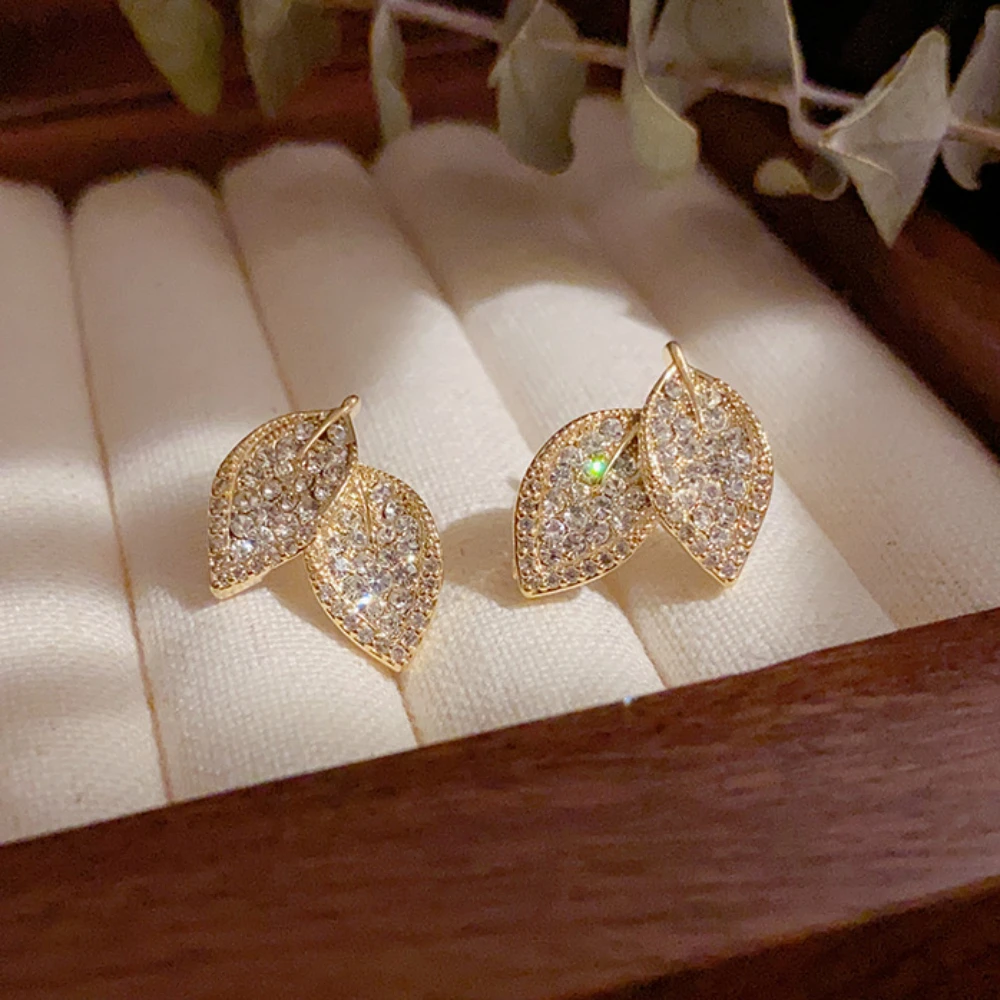 

Shining Cz Leaves Stud Earrings Irregular Geometric Element Gold Color Plated Gold Ear Studs Hypoallergenic Everyday Jewelry