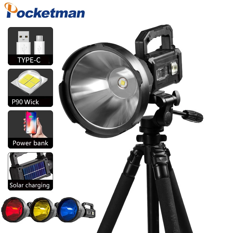 Multi-functional P90 LED Flashlight 6 Modes USB/Solar Rechargeable Searchlight Portable Lamp with Multi-Color Filter 
Multi-functional P90 LED Flashlight 6 Modes USB/Solar Rechargeable Searchlight Portable Lamp with Multi-Color Filter