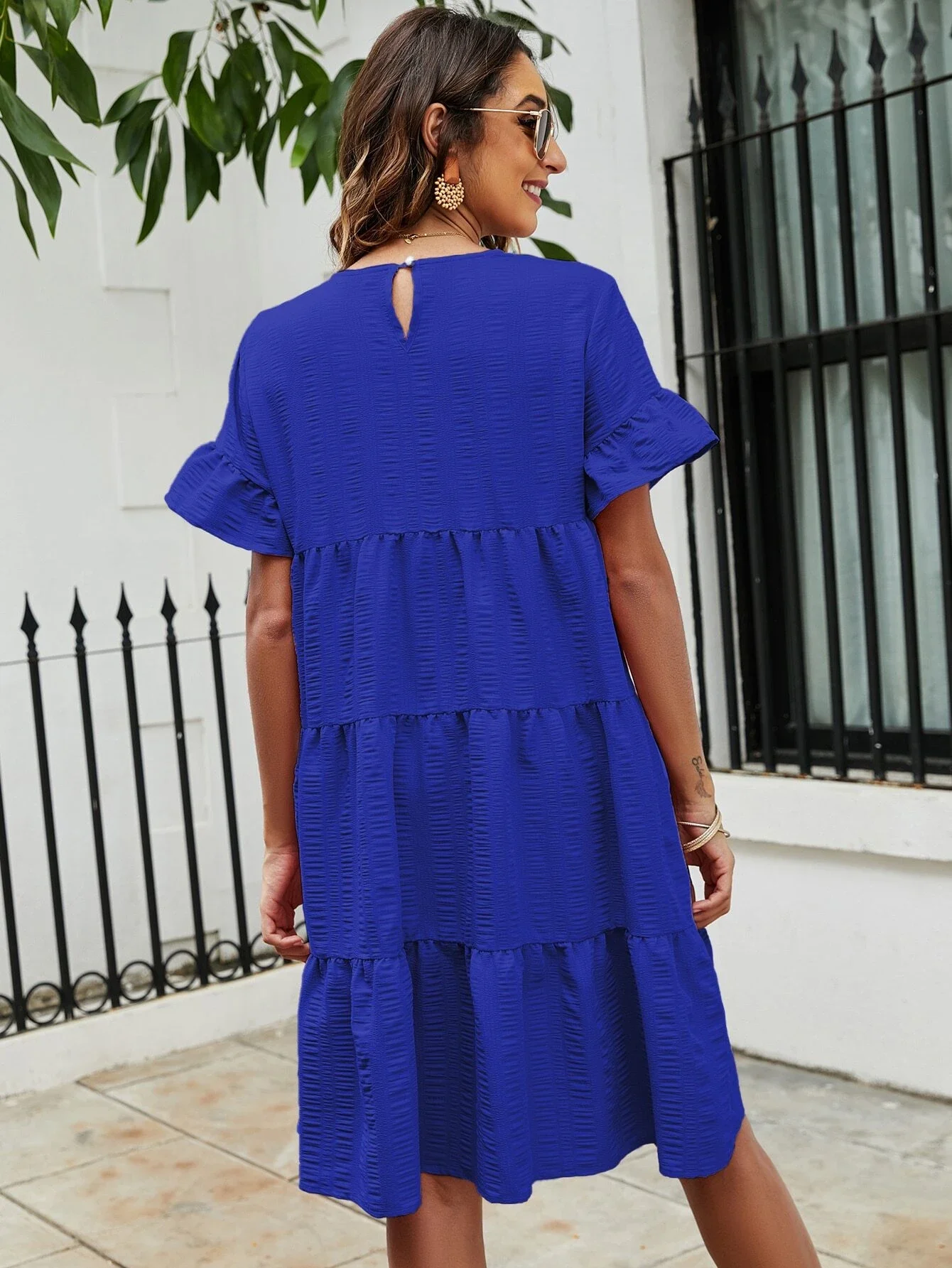 

Solid Flounce Sleeve Smock Dress