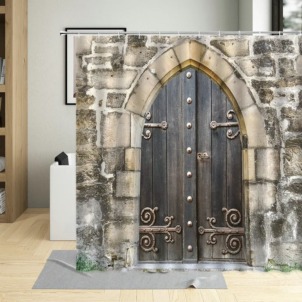 

Ретро Ностальгия Классическая креативная Изогнутая Дверь душевая занавеска каменная стена деревянные двери для дома стимпанк ванной комнаты