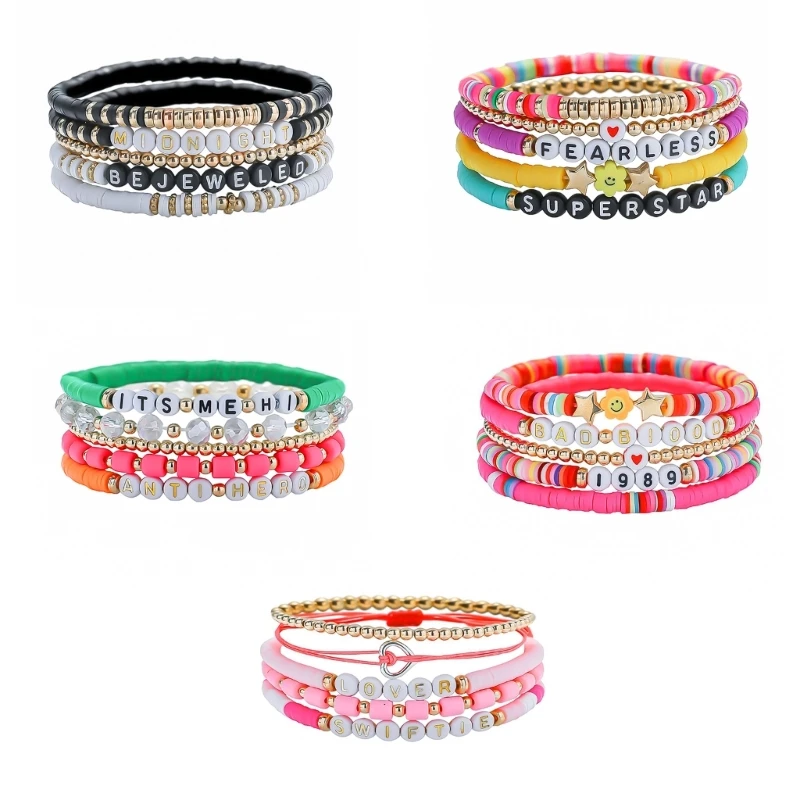 

652F Bohemian Bracelets Women Stretch Multilayer Colorful Beads Bracelets with Charm Stackable Clay Beaded Bracelets Jewelry