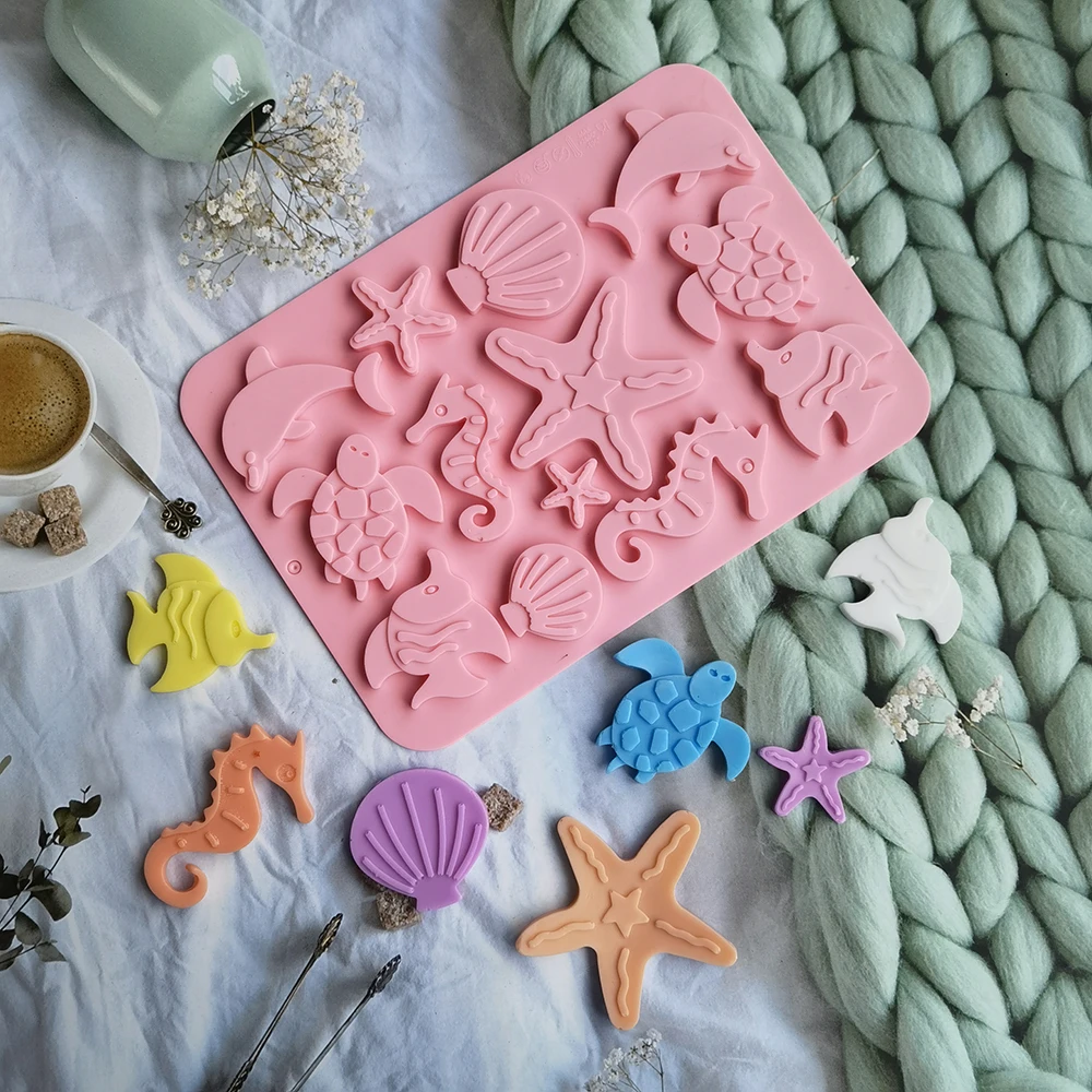 

Fish Dolphin Silicone Cake Mold Seahorse shell Mould Starfish Sea Turtle Cake Border Fondant for Kitchen Baking Decoration Molds