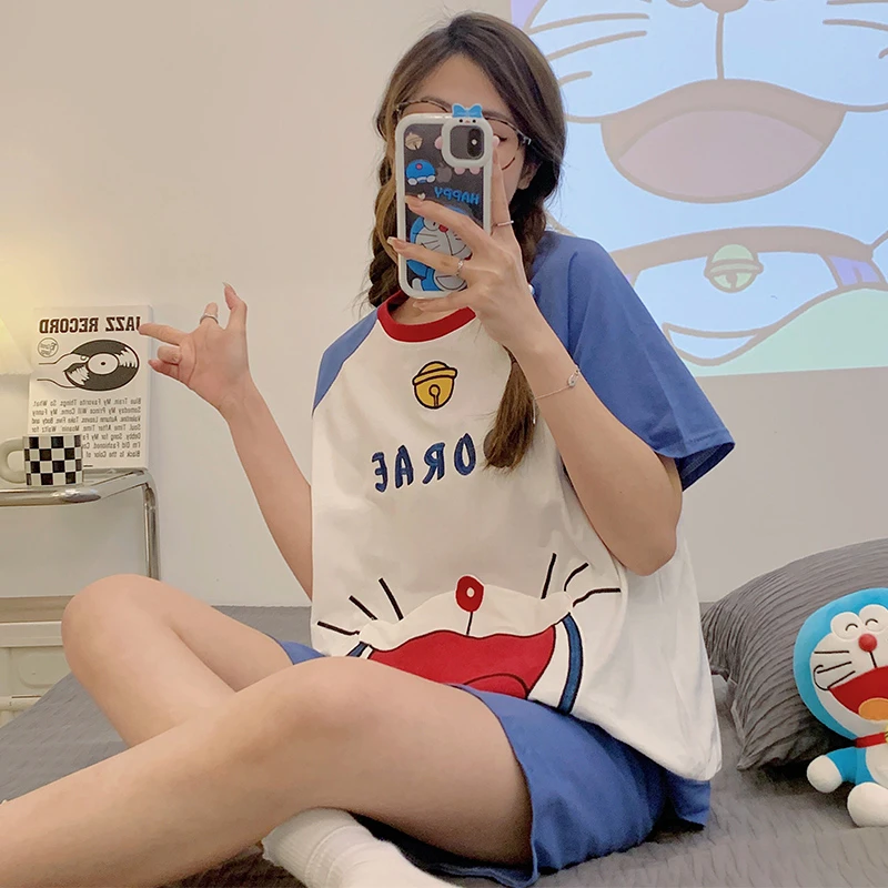 Summer Women Pajamas Set Cotton Short Sleeve Sleepwear Pijama Cartoon Doraemon Pyjama Femme Home Wear
Summer Women Pajamas Set Cotton Short Sleeve Sleepwear Pijama Cartoon Doraemon Pyjama Femme Home Wear