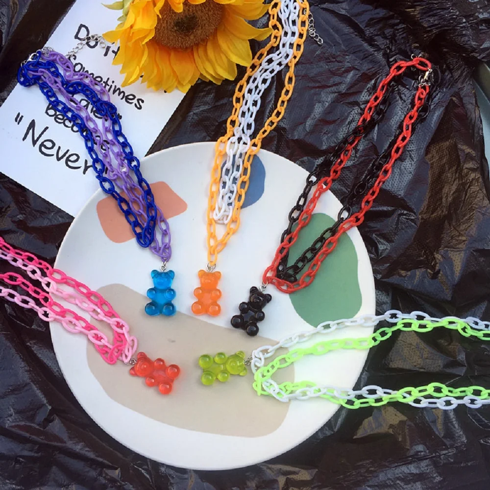 

Sweet Double Layer Funny Women Geometric Girls Candy Color Bear Necklace Multilayer Necklace Cute Choker Chain Pendant