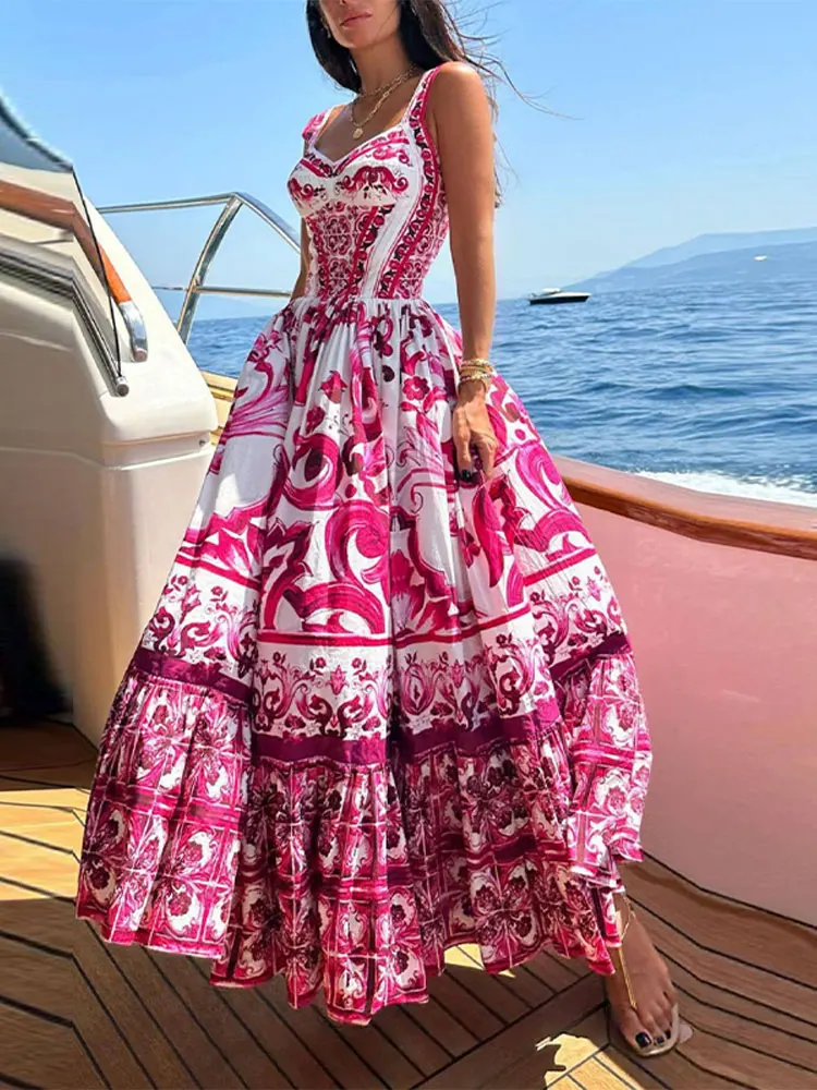 Women Sexy Printed Suspender Dress Fashion V-neck Backless High Waist Large Swing Midi Vestido Summer Female Chic Vacation Robes
Women Sexy Printed Suspender Dress Fashion V-neck Backless High Waist Large Swing Midi Vestido Summer Female Chic Vacation Robes