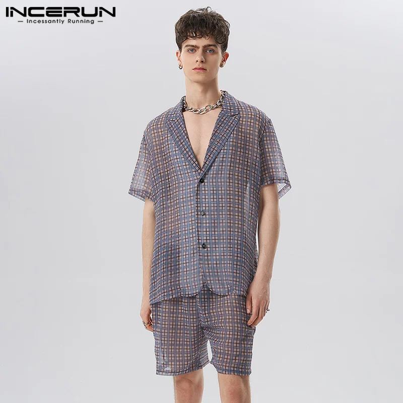 

INCERUN 2023 Handsome Men's Leisure Vacation Sets Long Sleeve Suit Coat Shorts Stylish Well Fitting Plaid Printed Two Piece Sets