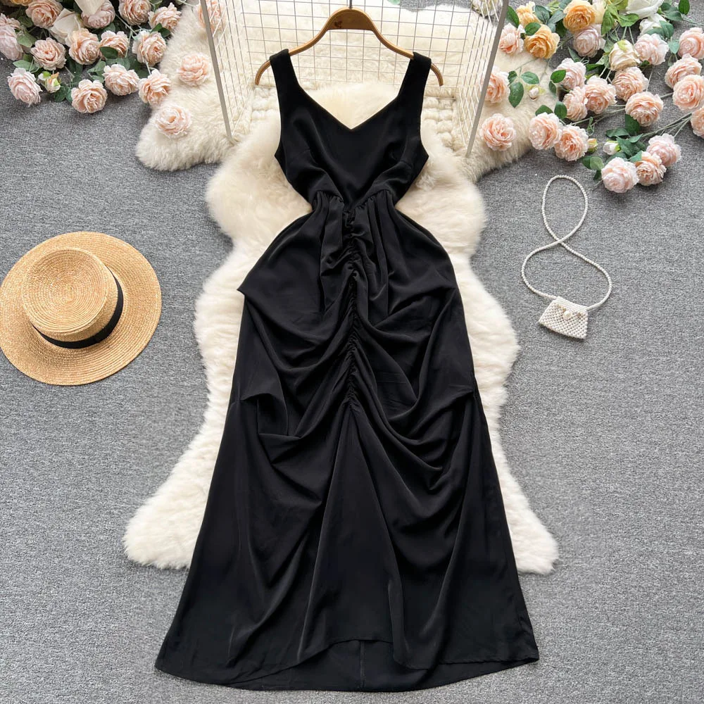 Женское Плиссированное Платье с V-образным вырезом, черное свободное платье с лямкой на шее
Женское Плиссированное Платье с V-образным вырезом, черное свободное платье с лямкой на шее