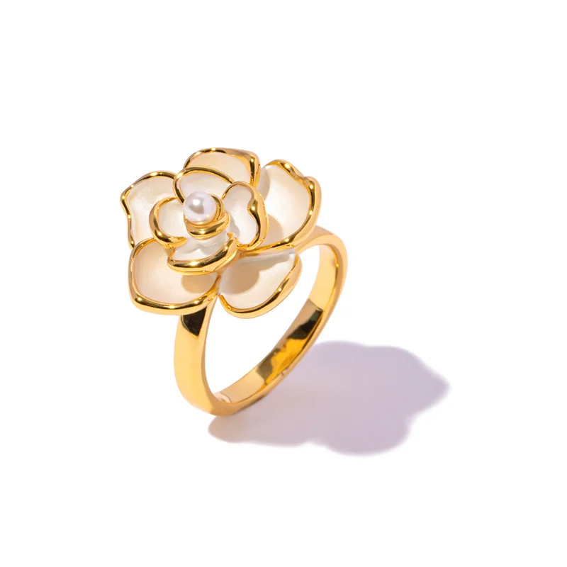 

ALLNEWME New Chic White Color Enamel Layers Camellia Flower Charm Rings Women 18K Real Gold Plating Brass Open Adjustable Ring