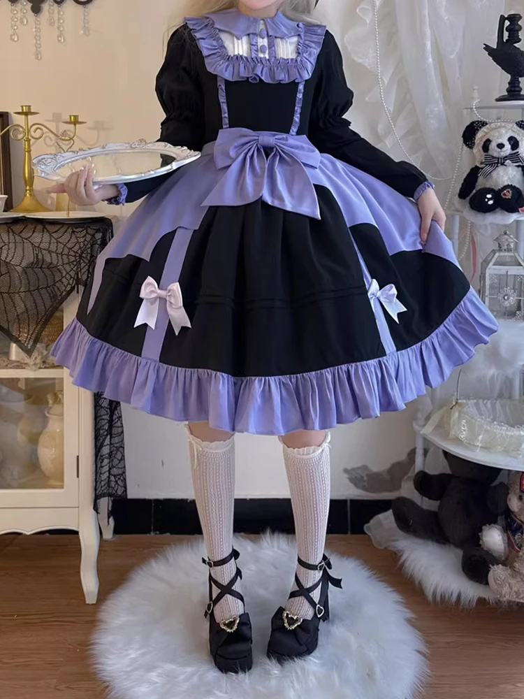 

KIMOKOKM Kawaii Halloween Diablo Sweet Lolita A-Line Ruffles Dress Sweetheart Contrasting Color Bow Full Sleeve Lace Girly Dress