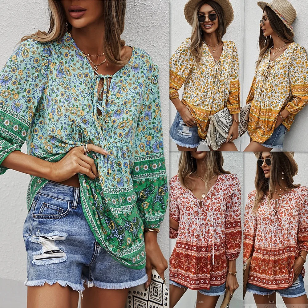 Independently developed and designed American station women's Bohemian style top 2022 spring and summer printed shirt
Independently developed and designed American station women's Bohemian style top 2022 spring and summer printed shirt