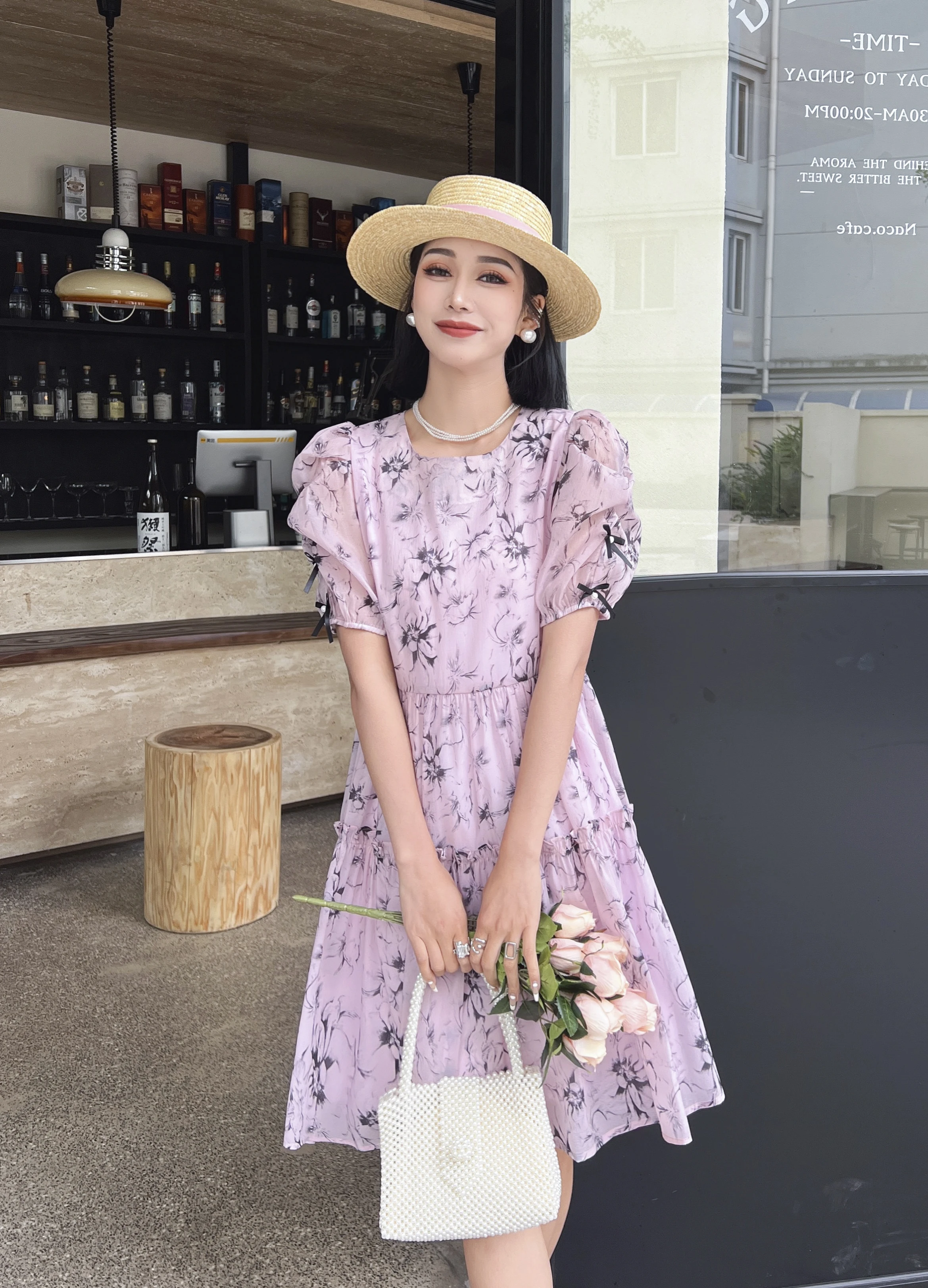 

Summer New Chiffon Dress Elegant Ink Floral Print Short Sleeve Mini Puff A-line Above Knee Skirt Young Style Dresses For Women