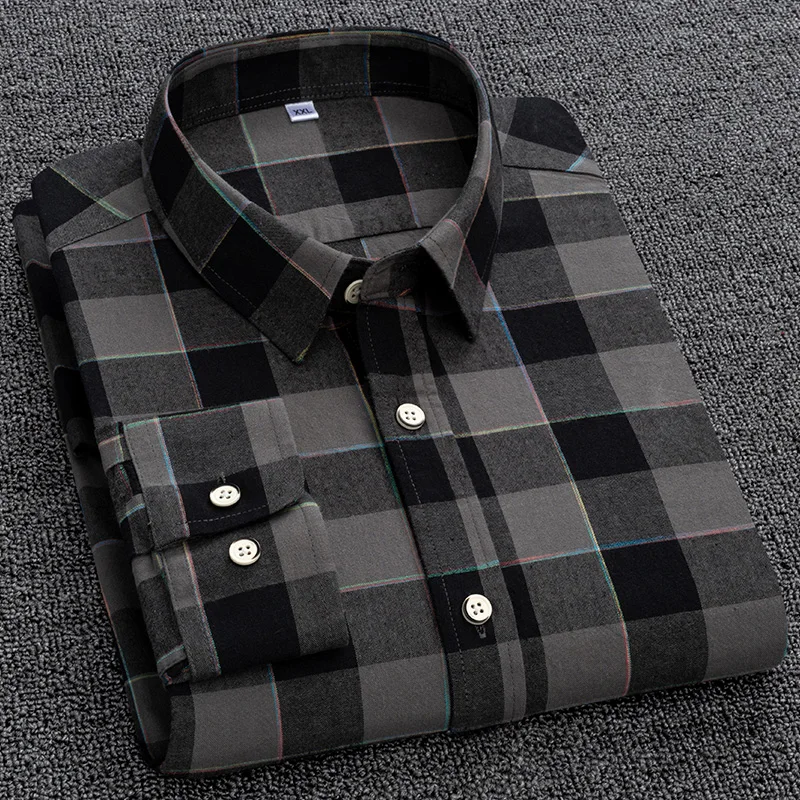 

England Style Contrast Casual Checkered Shirts Pocketless Button-down Soft 100% Cotton Long Sleeve Standard-fit Plaid Shirt